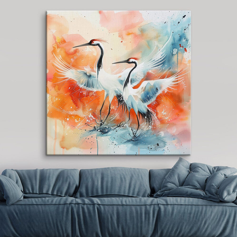 Peinture de grues sur fond coloré
