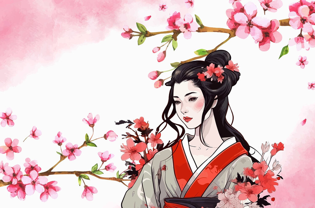 Femme en kimono avec des fleurs Femme en kimono avec des fleurs