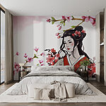 Papier peint Femme en kimono avec des fleurs