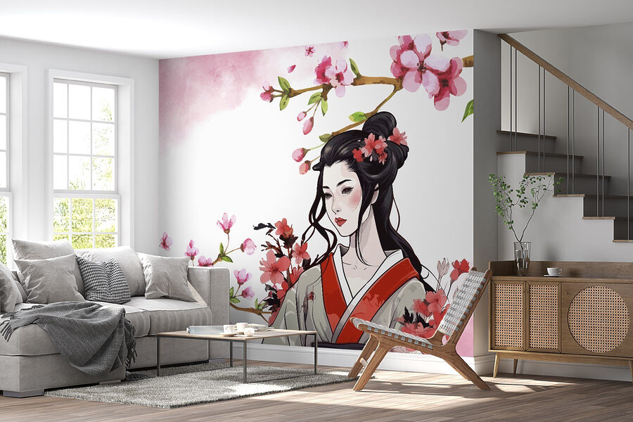 Femme en kimono avec des fleurs