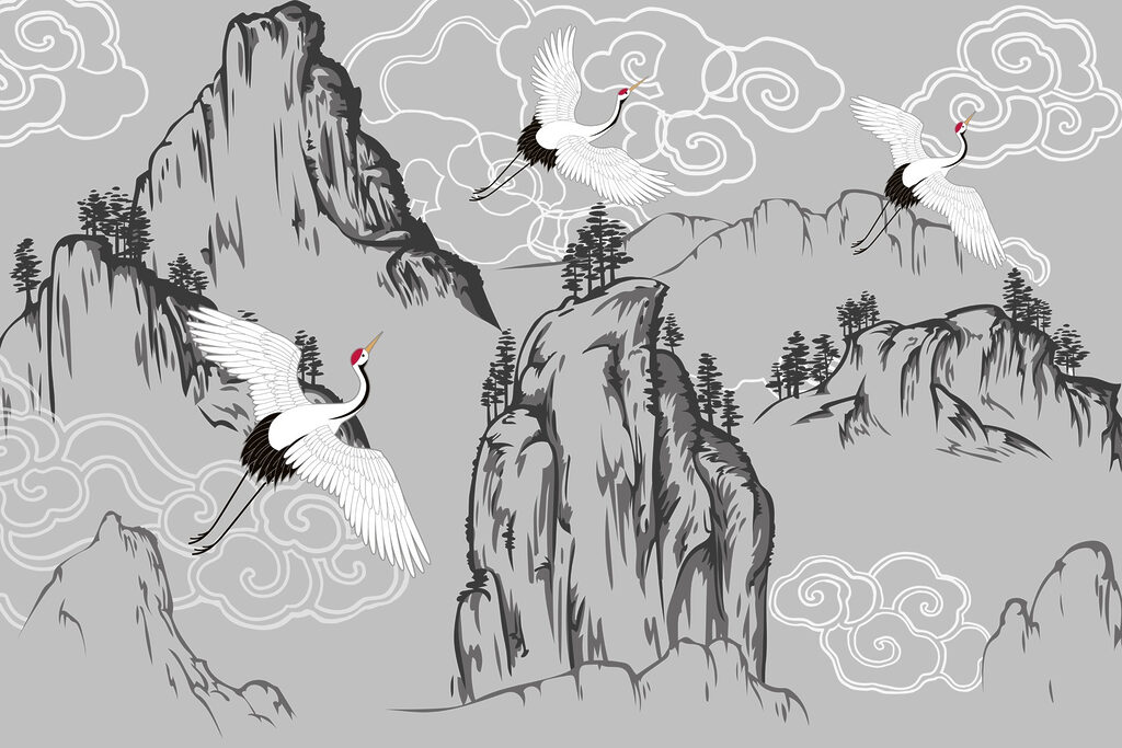 Fond d'écran avec grues et montagnes Fond d'écran avec grues et montagnes