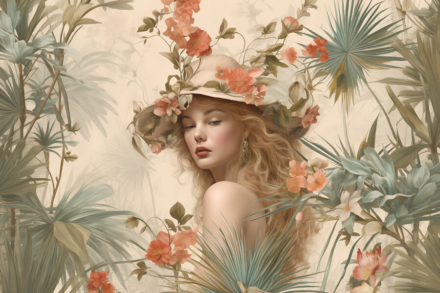 Femme au chapeau entourée de fleurs