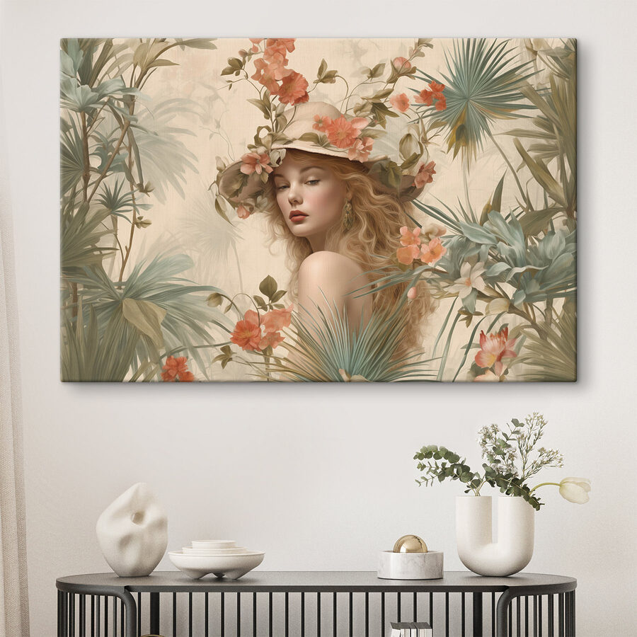 Femme au chapeau entourée de fleurs