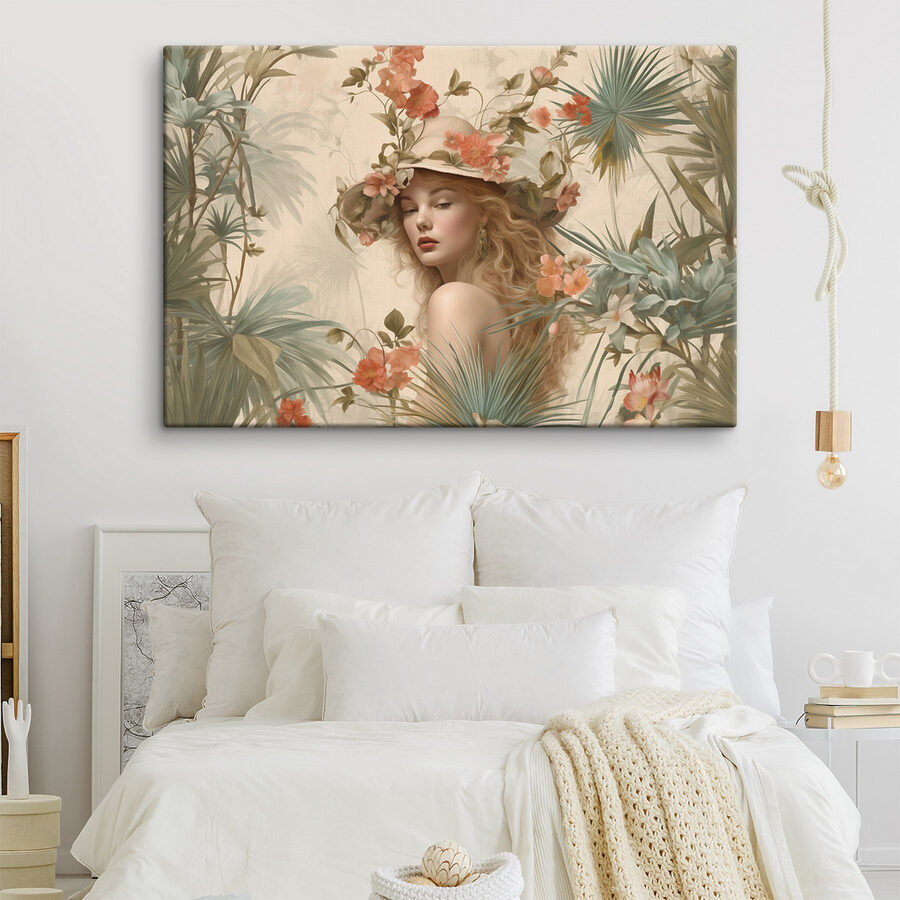 Femme au chapeau entourée de fleurs