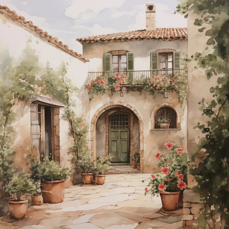 Painting of a house with potted plants Painting of a house with potted plants