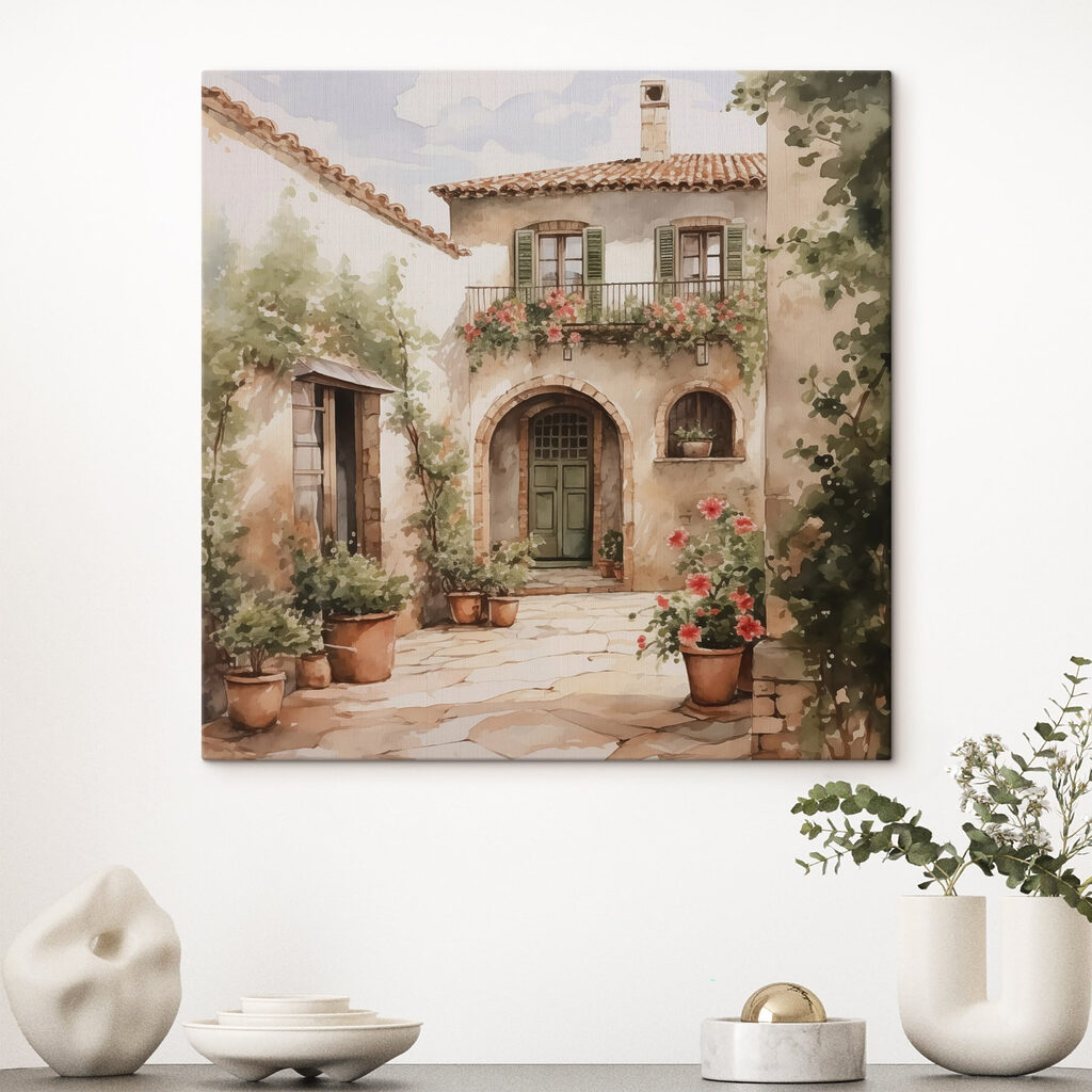 Painting of a house with potted plants Painting of a house with potted plants