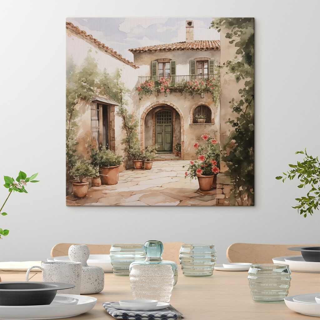 Painting of a house with potted plants Painting of a house with potted plants