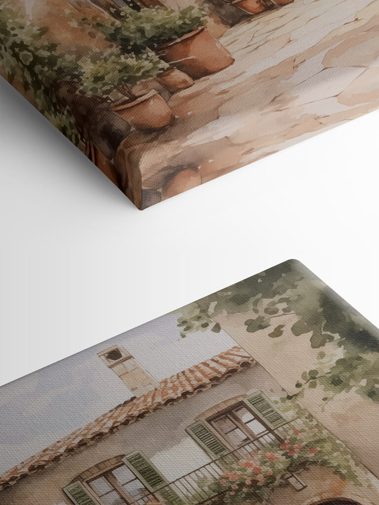 Painting of a house with potted plants Painting of a house with potted plants