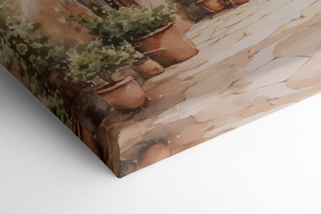 Painting of a house with potted plants Painting of a house with potted plants