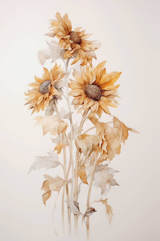 Painting of sunflowers on a white background Painting of sunflowers on a white background