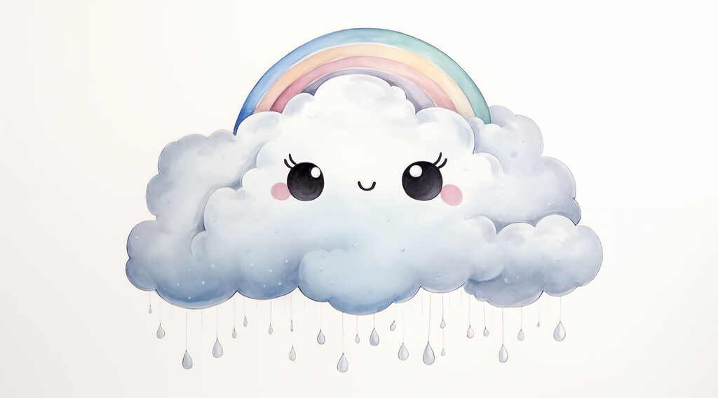 Dessin d'un nuage avec un arc-en-ciel et des gouttes de pluie Dessin d'un nuage avec un arc-en-ciel et des gouttes de pluie