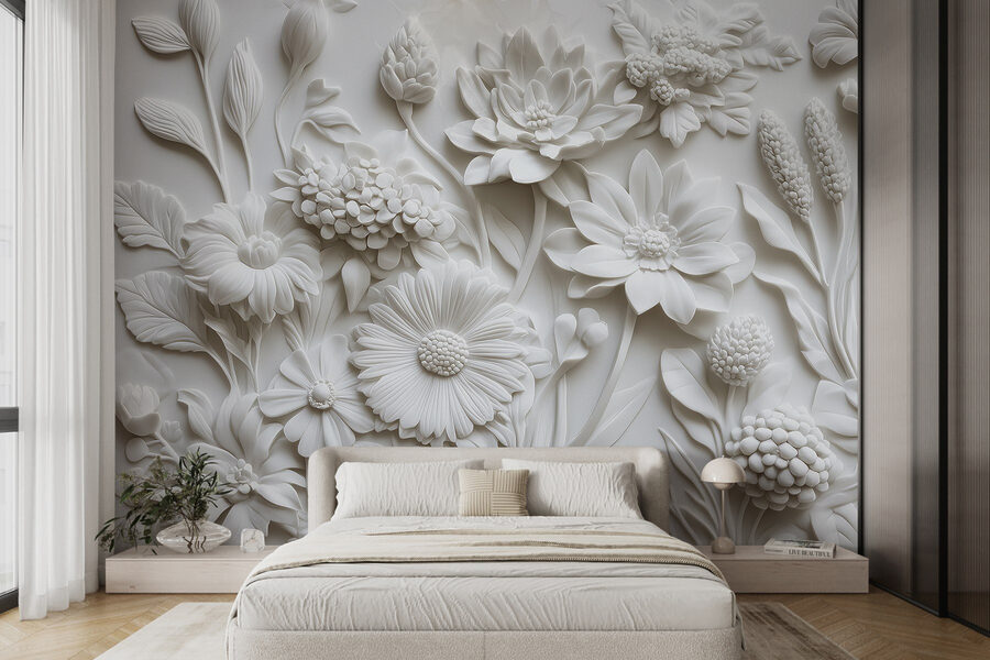 Papier peint Sculpture de fleurs blanches sur une surface blanche – Image 2