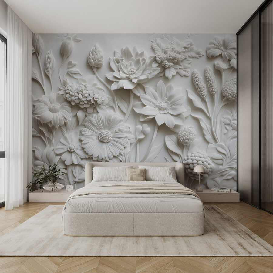 Papier peint Sculpture de fleurs blanches sur une surface blanche – Image 3
