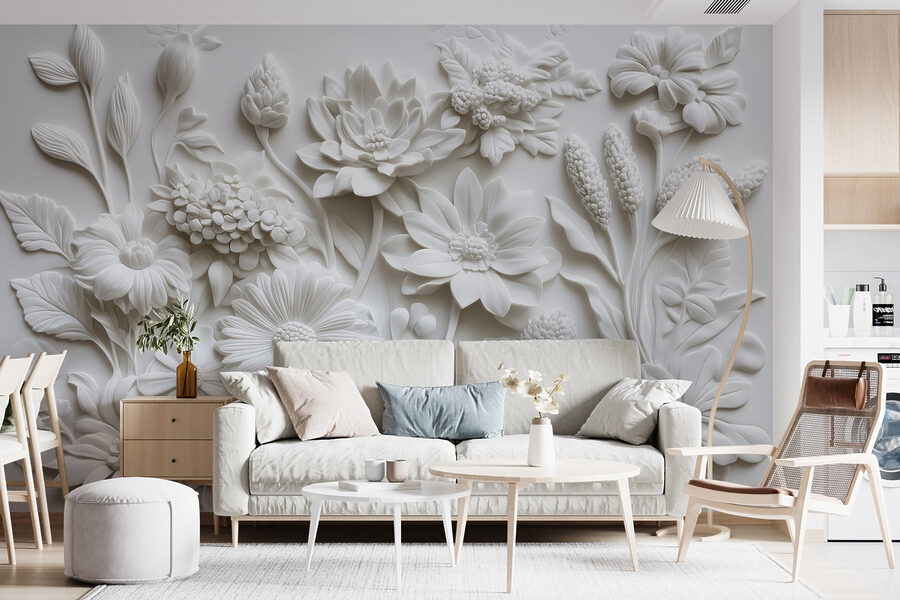 Papier peint Sculpture de fleurs blanches sur une surface blanche – Image 4