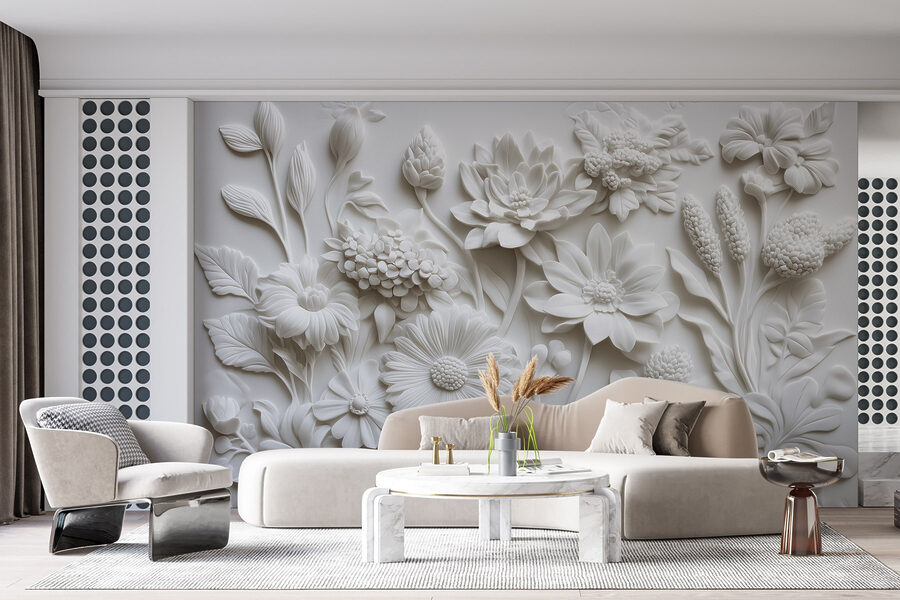 Papier peint Sculpture de fleurs blanches sur une surface blanche – Image 5