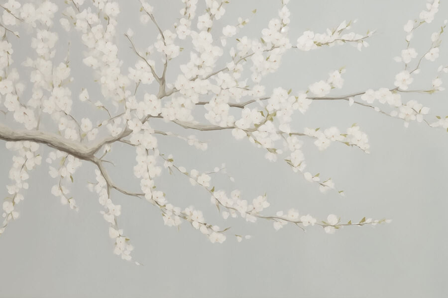 Peinture d'un arbre avec des fleurs blanches