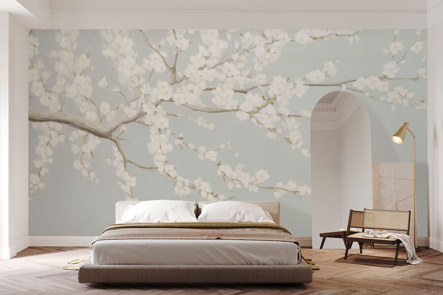 Peinture d'un arbre avec des fleurs blanches