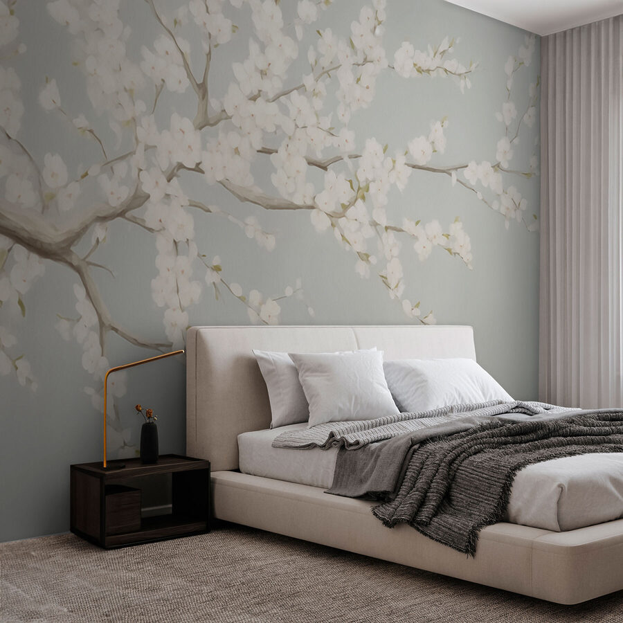 Peinture d'un arbre avec des fleurs blanches
