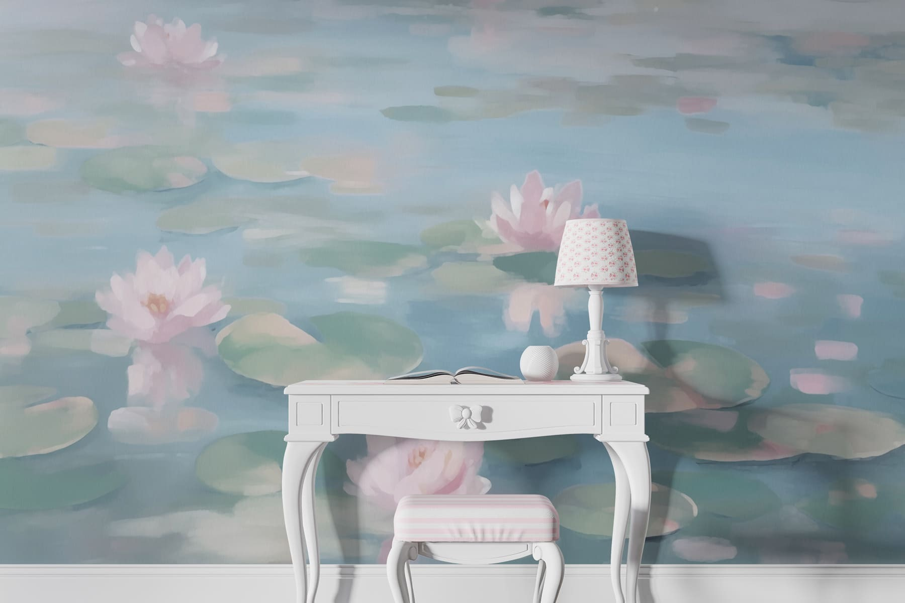 Water with lily pads and pink flowers Water with lily pads and pink flowers