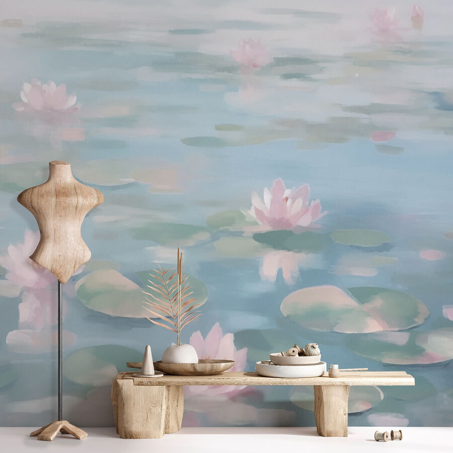 Eau avec nénuphars et fleurs roses Eau avec nénuphars et fleurs roses