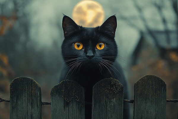 Chat noir aux yeux jaunes derrière une clôture Chat noir aux yeux jaunes derrière une clôture