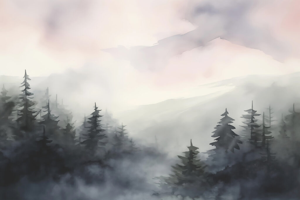 Forêt brumeuse avec des arbres Forêt brumeuse avec des arbres