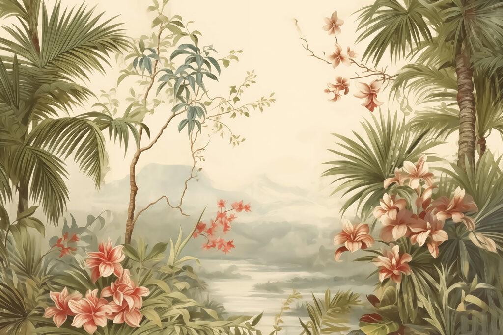 Papier peint avec des fleurs et des arbres Papier peint avec des fleurs et des arbres