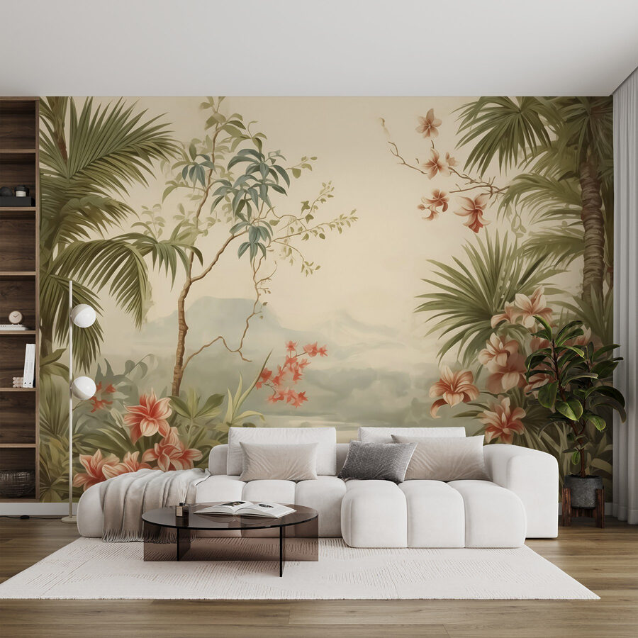 Papier peint avec des fleurs et des arbres Papier peint avec des fleurs et des arbres