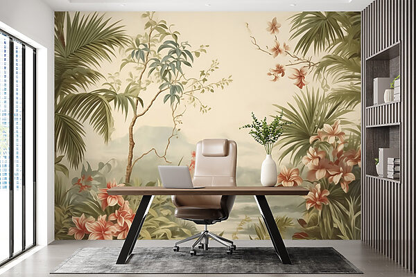 Papier peint avec des fleurs et des arbres Papier peint avec des fleurs et des arbres