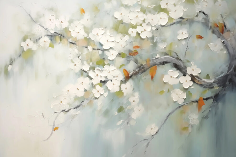 Peinture d'une branche d'arbre avec des fleurs blanches