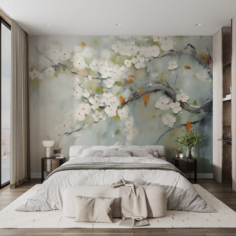 Peinture d'une branche d'arbre avec des fleurs blanches