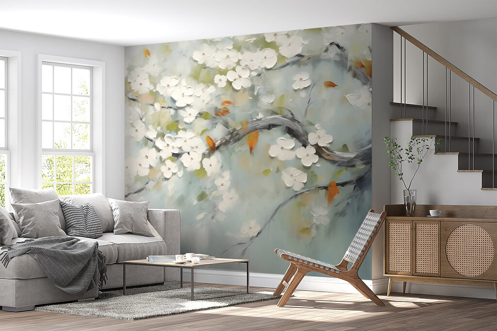 Painting of a tree branch with white flowers