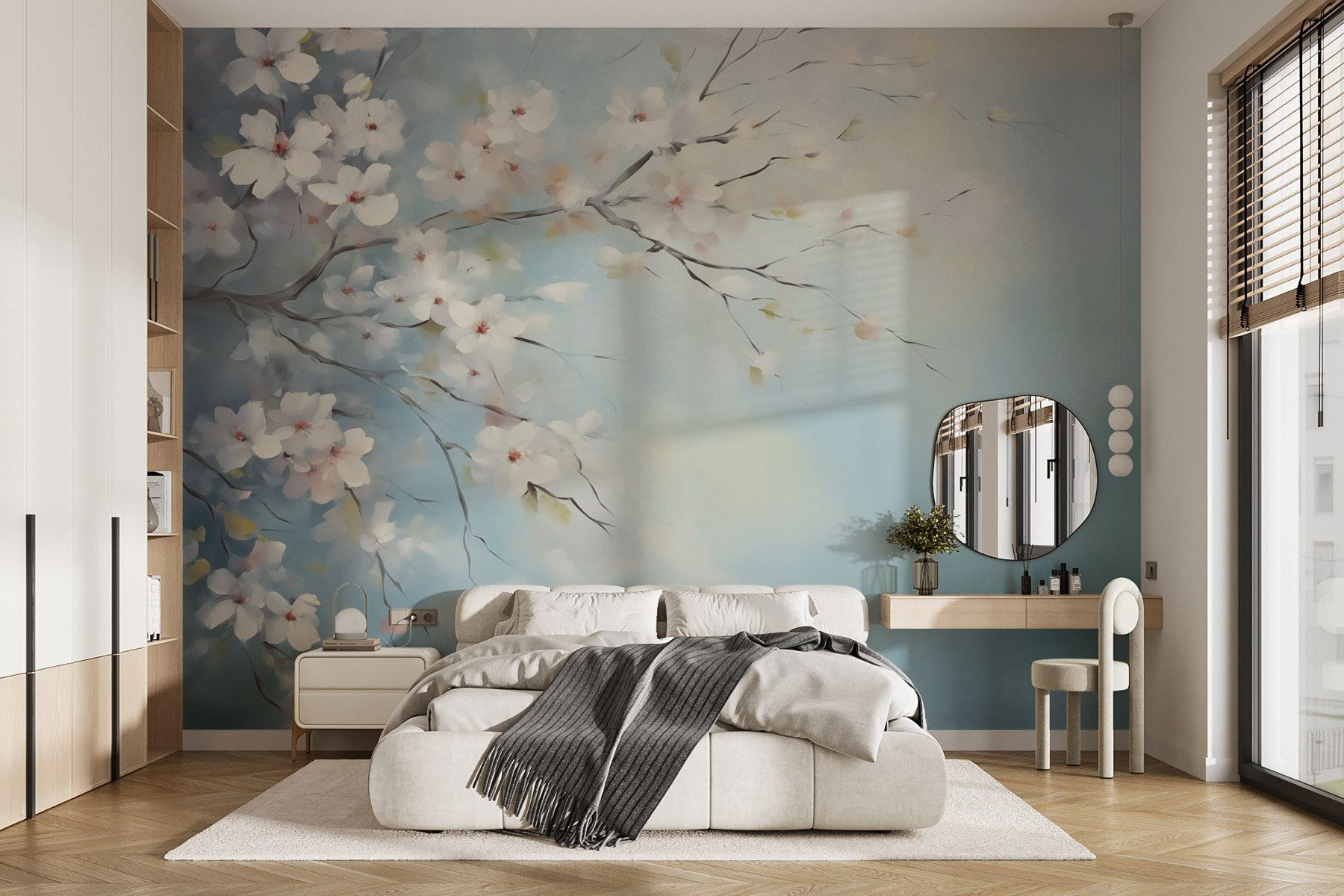 Painting of a tree branch with white flowers