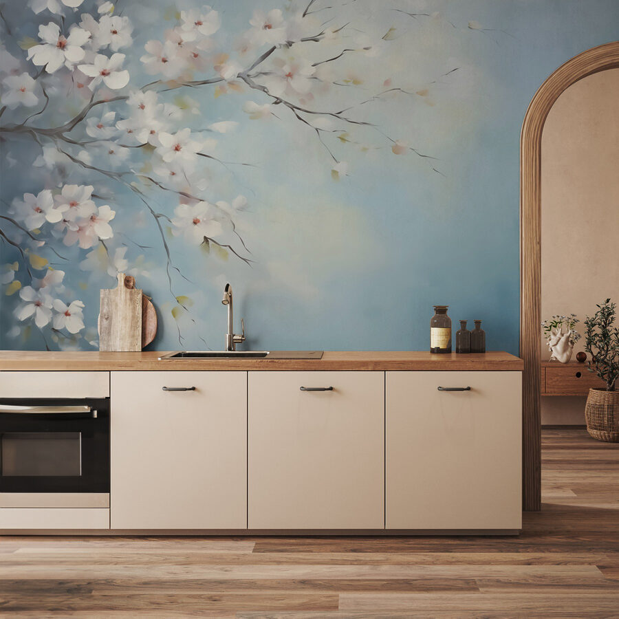 Peinture d'une branche d'arbre avec des fleurs blanches