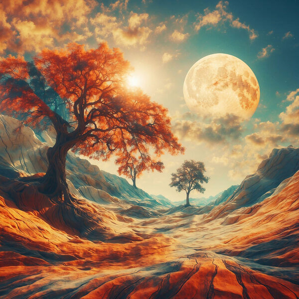 Paysage avec des arbres, des montagnes et une lune Paysage avec des arbres, des montagnes et une lune