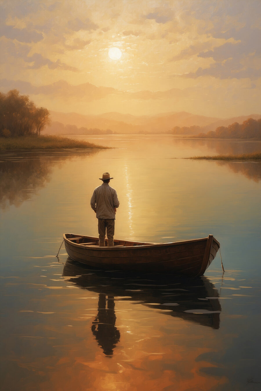 Homme debout dans un bateau sur un lac Homme debout dans un bateau sur un lac