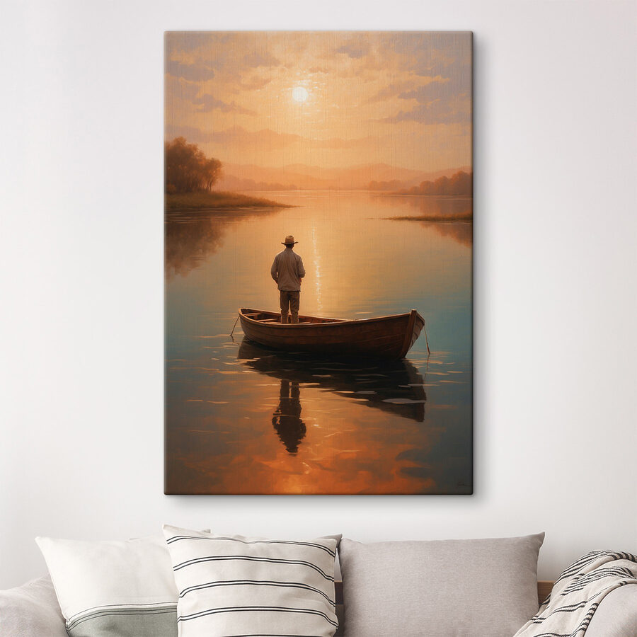 Homme debout dans un bateau sur un lac Homme debout dans un bateau sur un lac