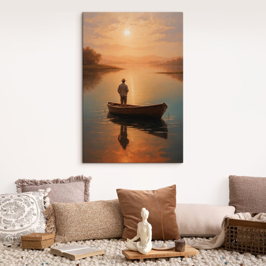 Homme debout dans un bateau sur un lac Homme debout dans un bateau sur un lac