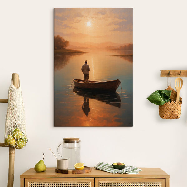 Homme debout dans un bateau sur un lac Homme debout dans un bateau sur un lac