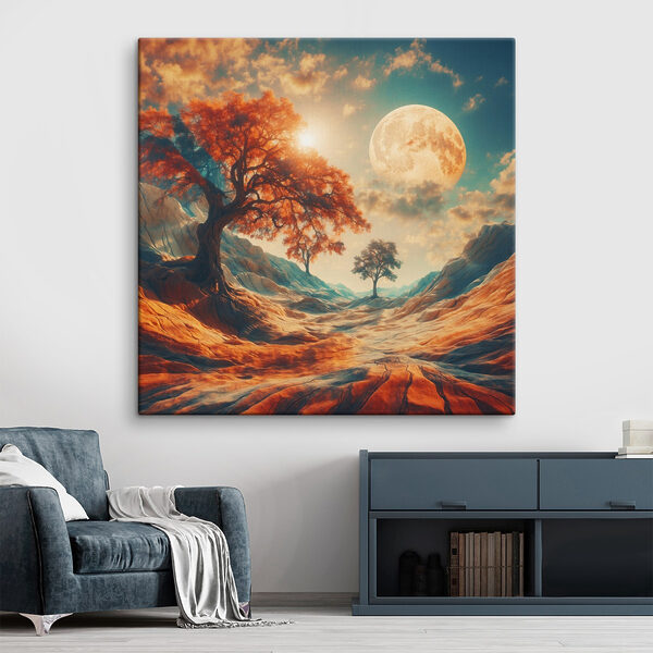 Paysage avec des arbres, des montagnes et une lune Paysage avec des arbres, des montagnes et une lune