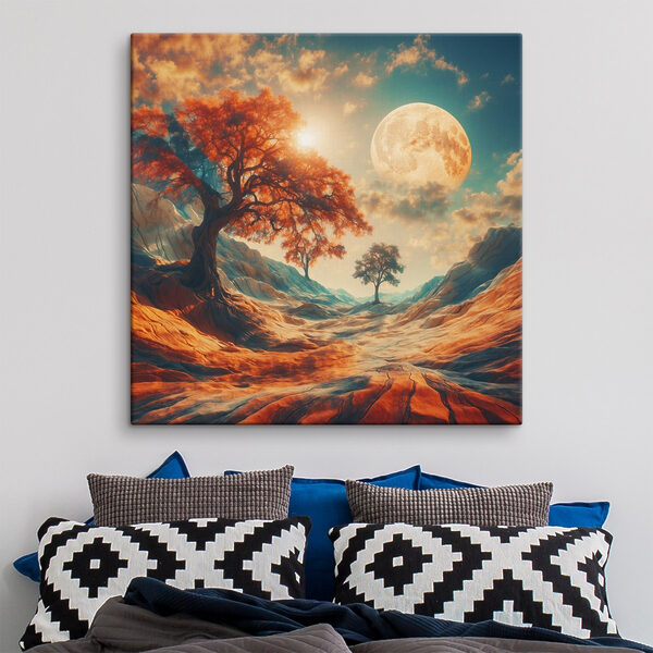 Paysage avec des arbres, des montagnes et une lune Paysage avec des arbres, des montagnes et une lune