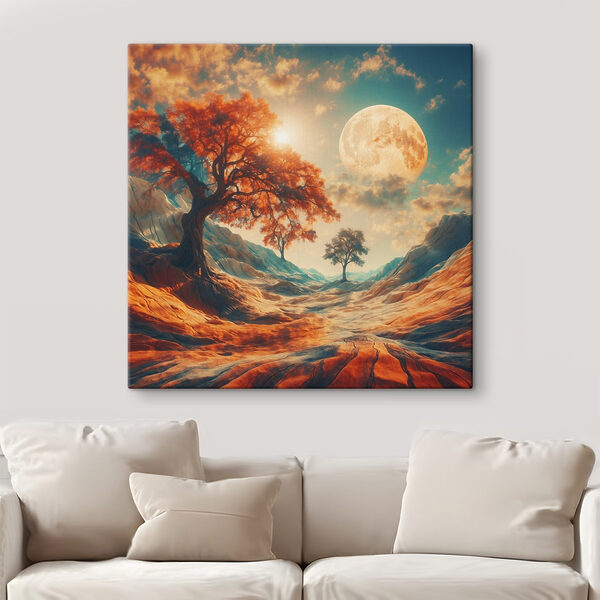 Paysage avec des arbres, des montagnes et une lune Paysage avec des arbres, des montagnes et une lune