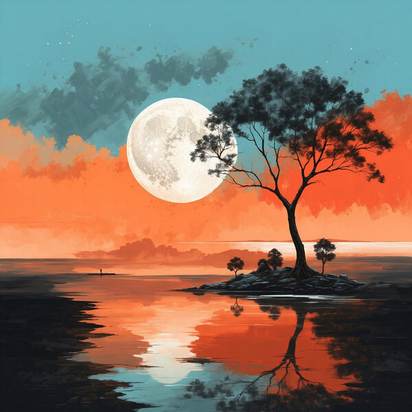 Arbre sur une île au milieu d'un plan d'eau avec la pleine lune en arrière-plan Arbre sur une île au milieu d'un plan d'eau avec la pleine lune en arrière-plan