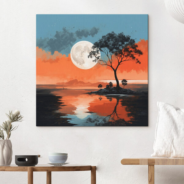Arbre sur une île au milieu d'un plan d'eau avec la pleine lune en arrière-plan Arbre sur une île au milieu d'un plan d'eau avec la pleine lune en arrière-plan