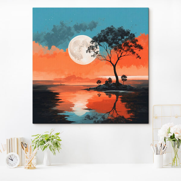 Arbre sur une île au milieu d'un plan d'eau avec la pleine lune en arrière-plan Arbre sur une île au milieu d'un plan d'eau avec la pleine lune en arrière-plan