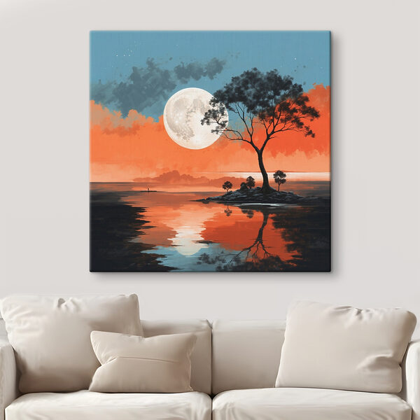 Arbre sur une île au milieu d'un plan d'eau avec la pleine lune en arrière-plan Arbre sur une île au milieu d'un plan d'eau avec la pleine lune en arrière-plan