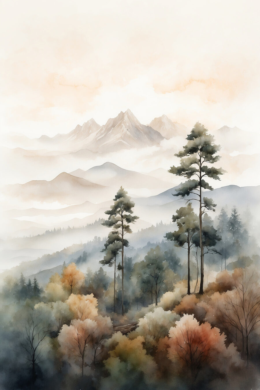Aquarelle d'arbres et de montagnes