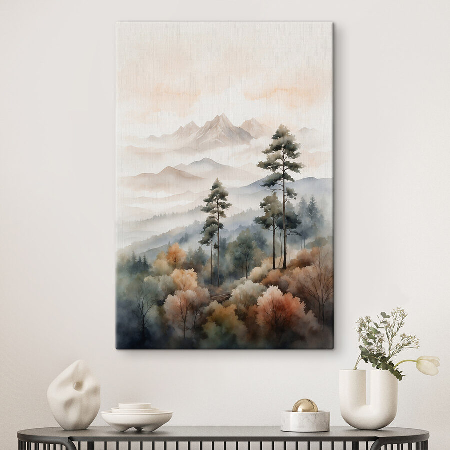 Aquarelle d'arbres et de montagnes