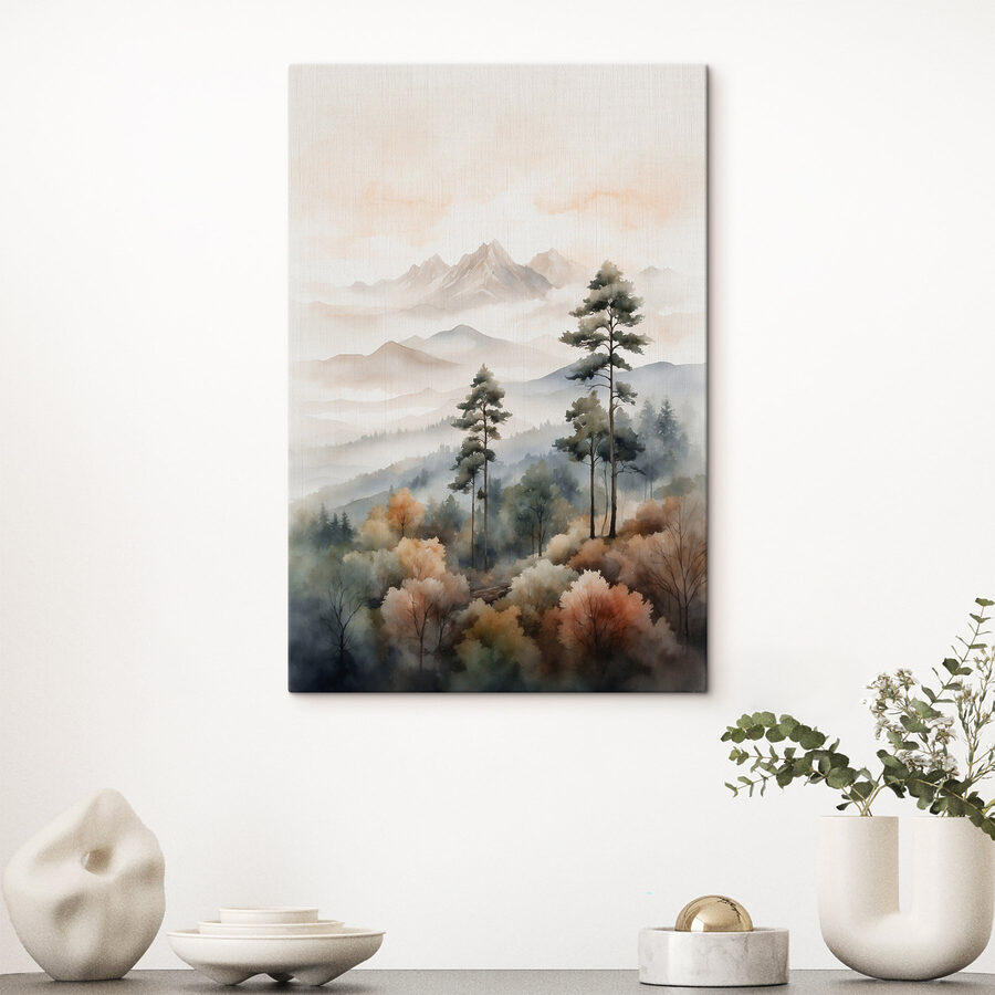 Aquarelle d'arbres et de montagnes