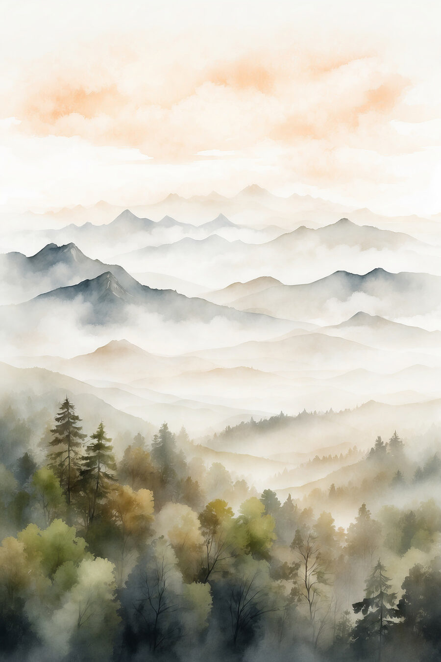 Aquarelle de montagnes et d'arbres